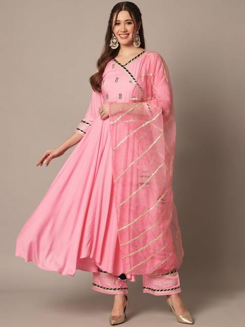 meeranshi baby pink embellished kurta with pant & dupatta