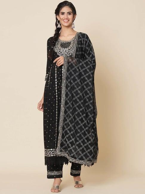 meeranshi black embroidered kurta with pant & dupatta
