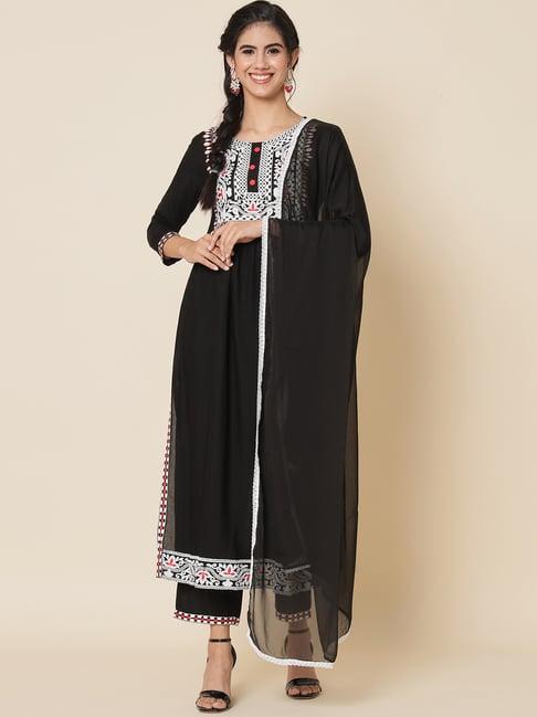 meeranshi black embroidered kurta with pant & dupatta