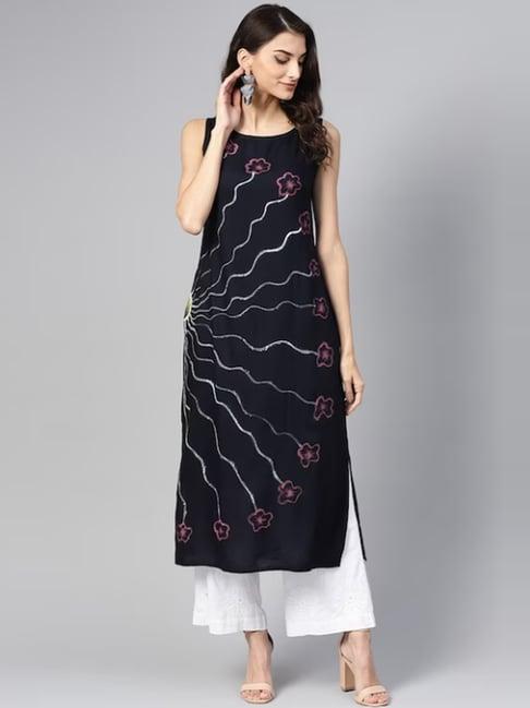 meeranshi black printed straight kurta