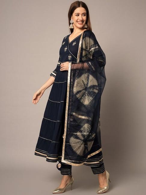 meeranshi blue embroidered kurta pant set with dupatta
