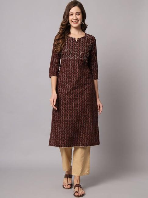 meeranshi brown & beige embroidered kurta pant set