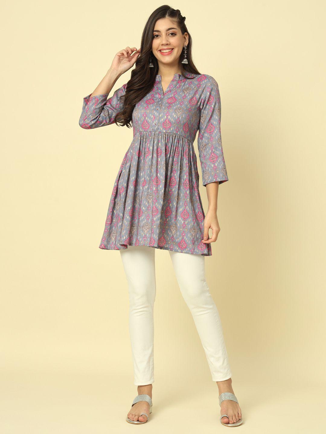 meeranshi ethnic motifs printed mandarin collar top