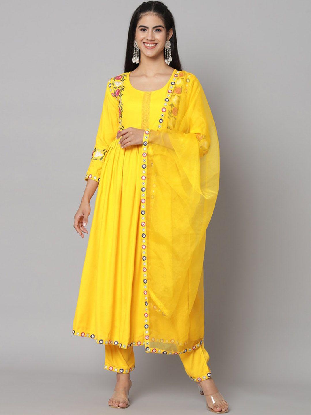 meeranshi floral embroidered a-line kurta & trousers with dupatta