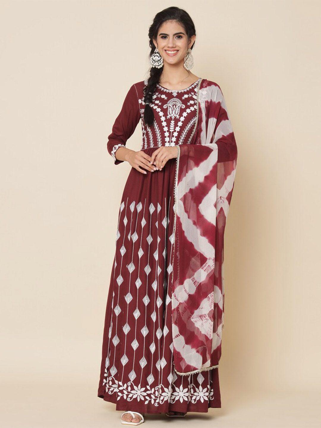 meeranshi floral embroidered gathered fit & flare maxi ethnic dress with dupatta