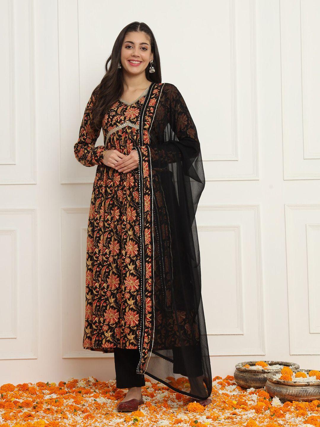 meeranshi floral printed empire anarkali kurta with trouser & dupatta