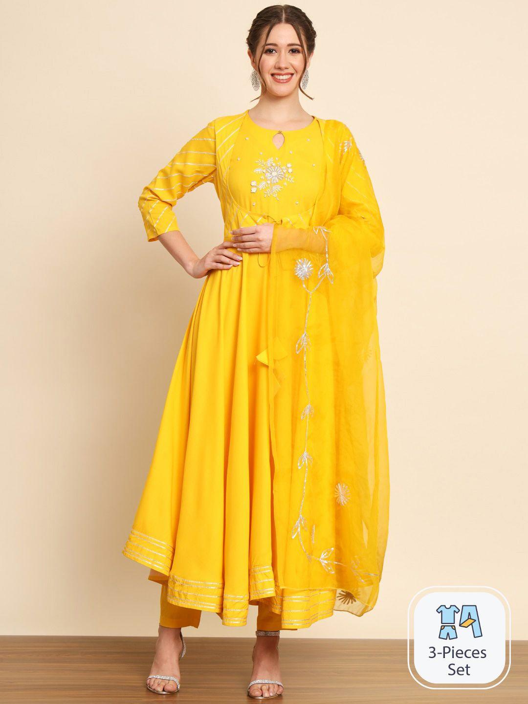 meeranshi floral yoke design regular anarkali kurta with trousers & dupatta