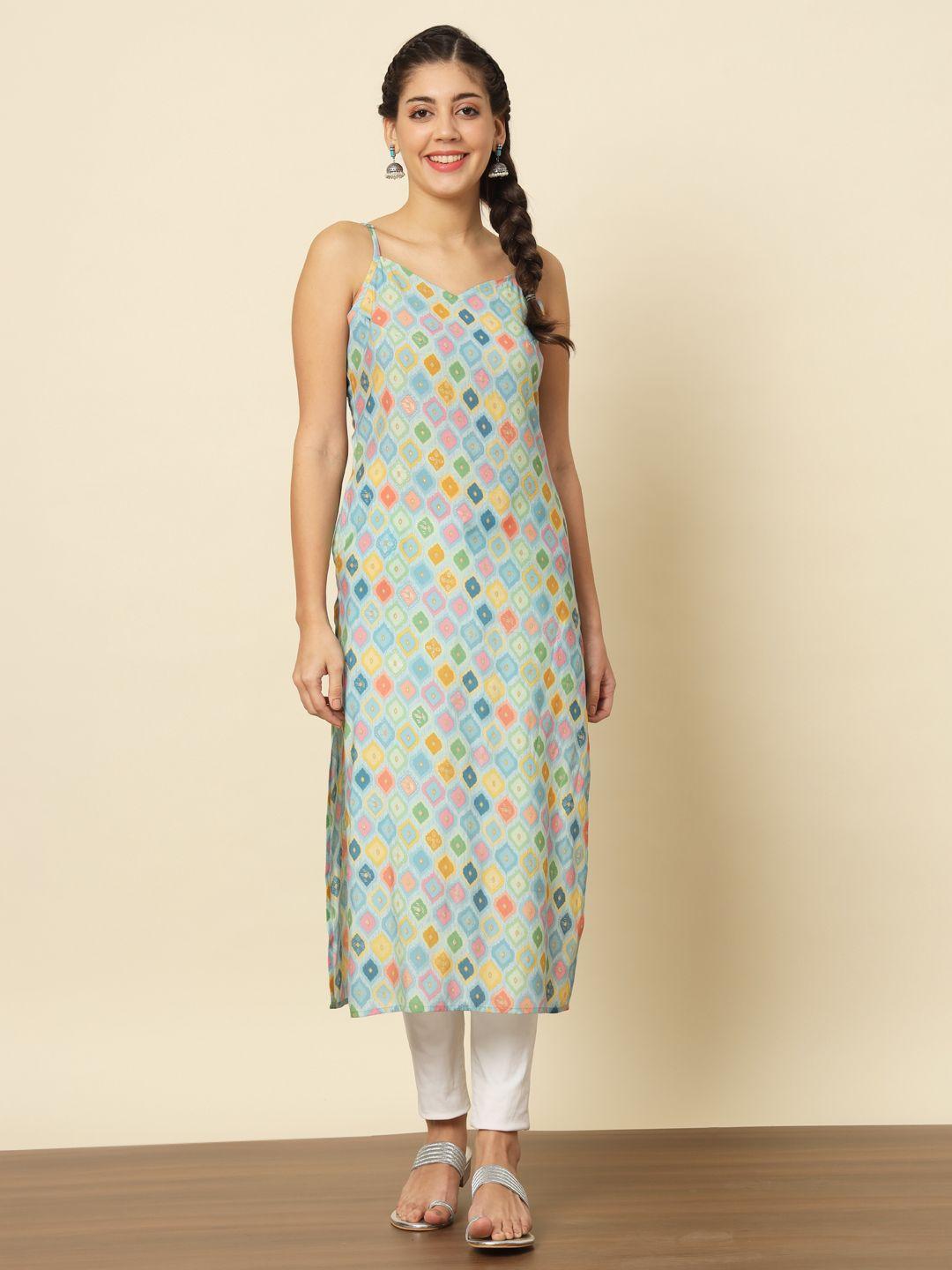 meeranshi geometric printed shoulder straps pure silk kurta