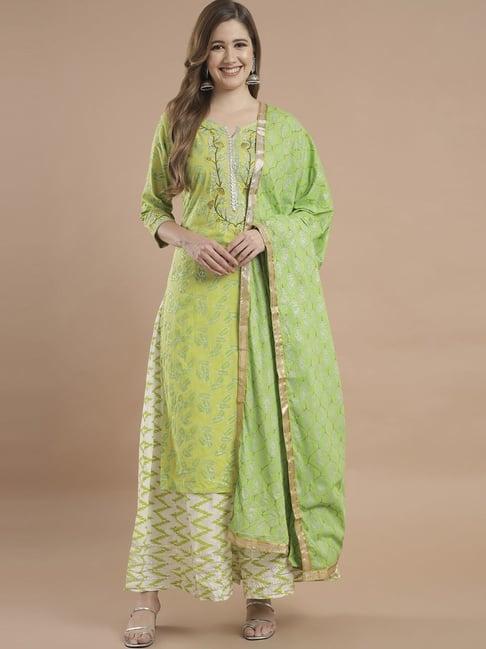 meeranshi green & white cotton printed kurta palazzo set with dupatta