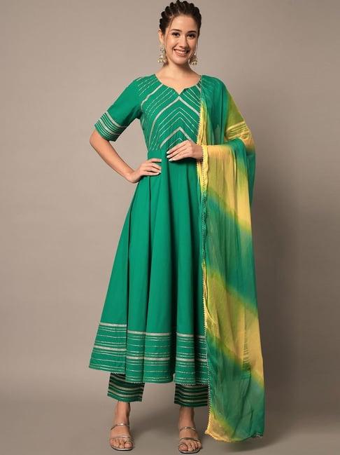 meeranshi green striped kurta pant set with dupatta