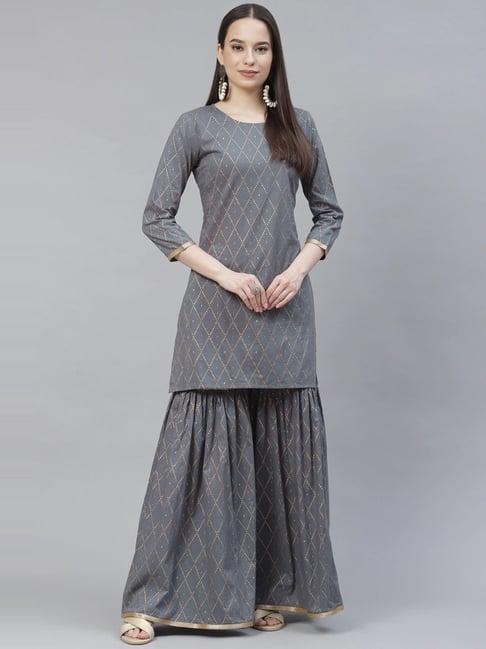 meeranshi grey printed kurta sharara set