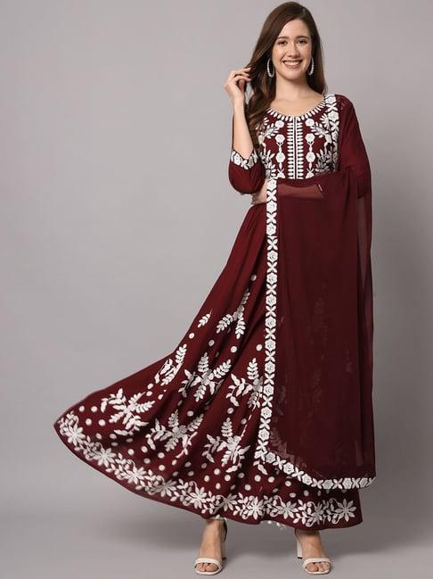 meeranshi maroon & white embroidered kurta palazzo set with dupatta