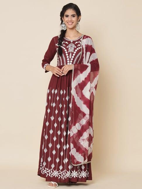 meeranshi maroon embroidered anarkali kurta with dupatta