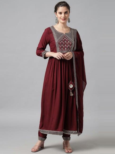 meeranshi maroon embroidered kurta pant set with dupatta