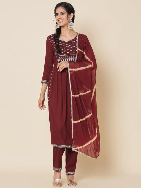 meeranshi maroon embroidered kurta with pant & dupatta