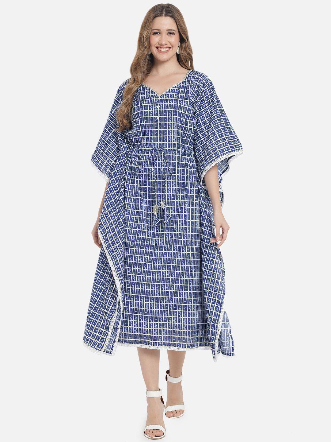 meeranshi navy blue geometric printed cotton ethnic kaftan midi dress