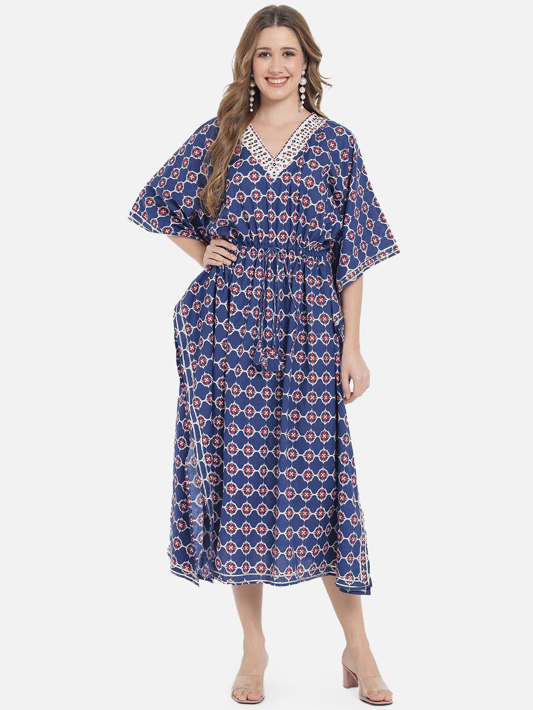 meeranshi navy blue printed cotton kaftan dress