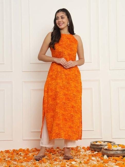 meeranshi orange bandhani print kurta pant set