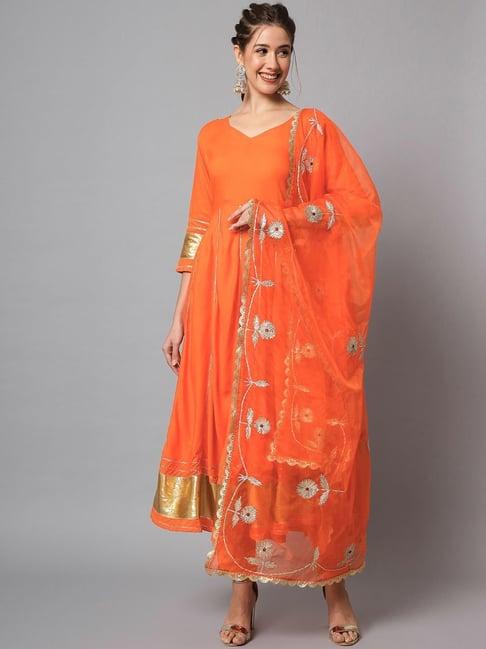 meeranshi orange embellished kurta pant set with dupatta