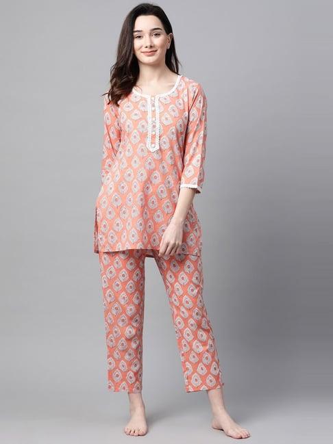meeranshi orange printed tunic pyjama set