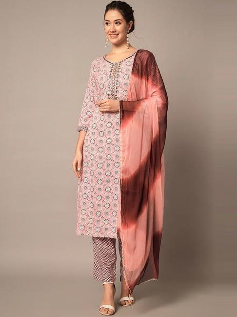 meeranshi pink printed kurta pant set with dupatta