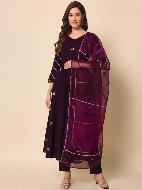 meeranshi purple embroidered kurta pant set with dupatta