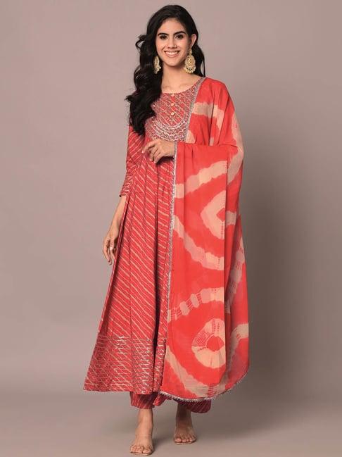 meeranshi red embroidered kurta with pant & dupatta