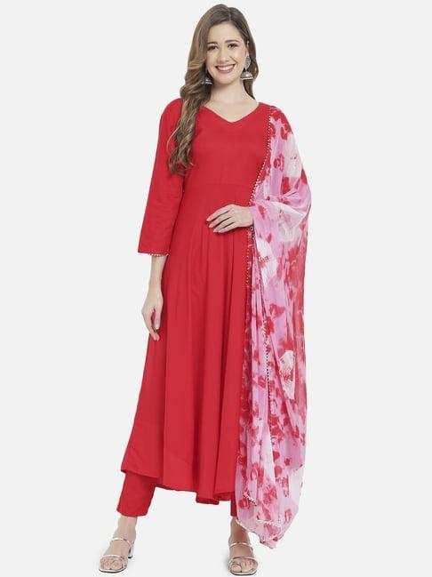 meeranshi red kurta pant set with dupatta