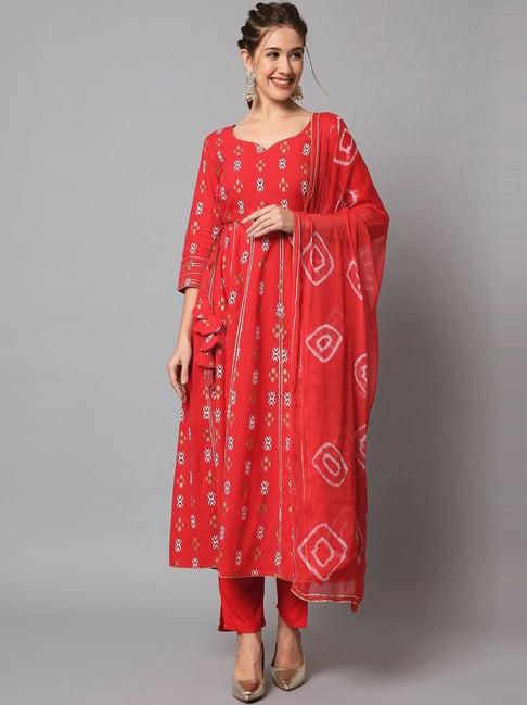 meeranshi red printed kurta pant set with dupatta
