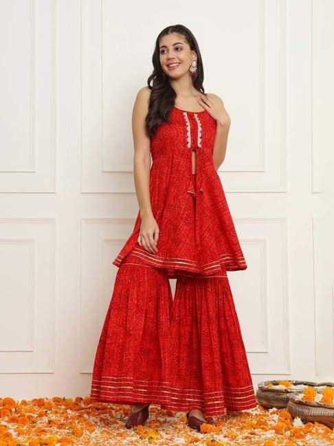 meeranshi red printed kurta sharara set