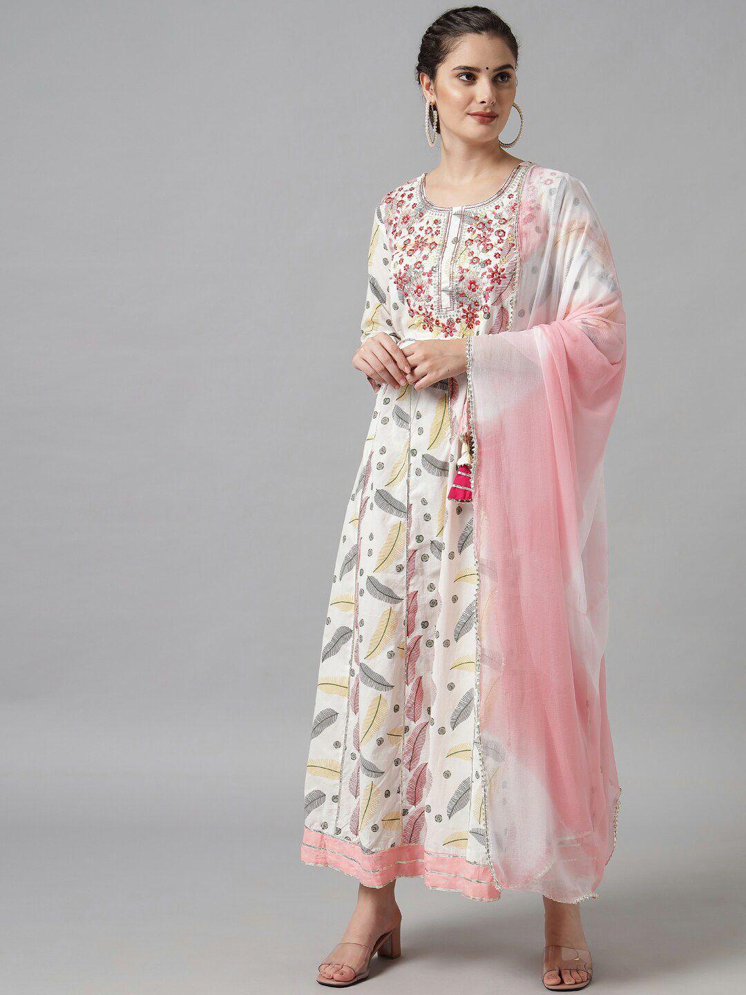 meeranshi white & pink floral maxi dress and with dupatta