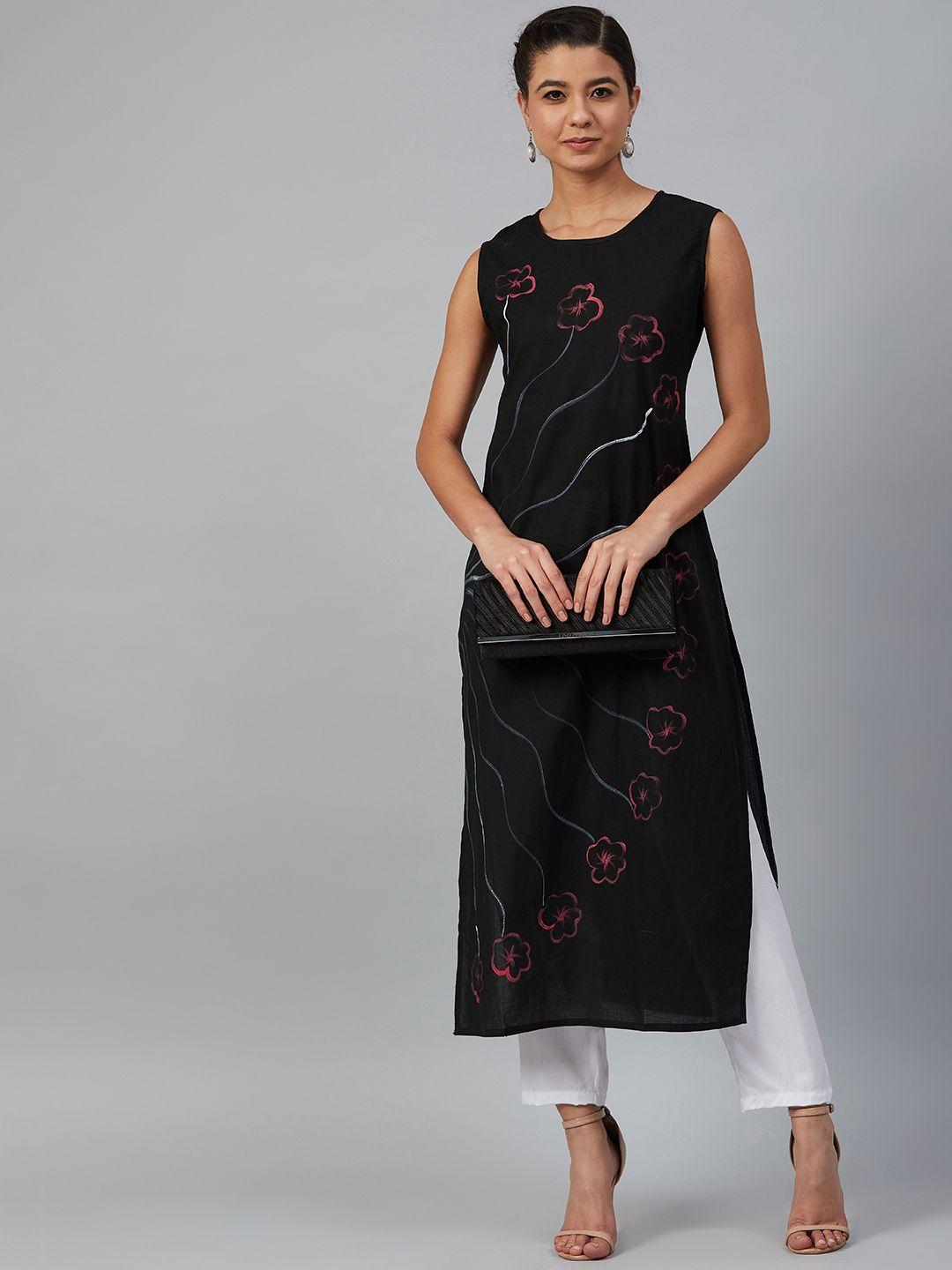 meeranshi women black & pink floral printed straight kurta