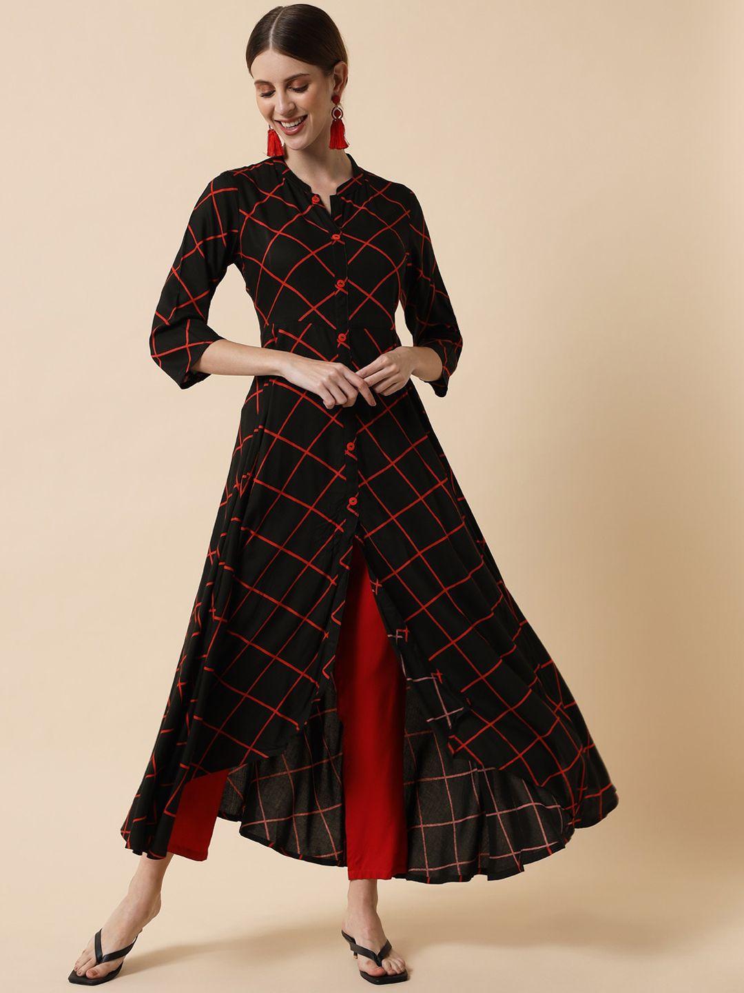 meeranshi women black & red checked quirky anarkali kurta