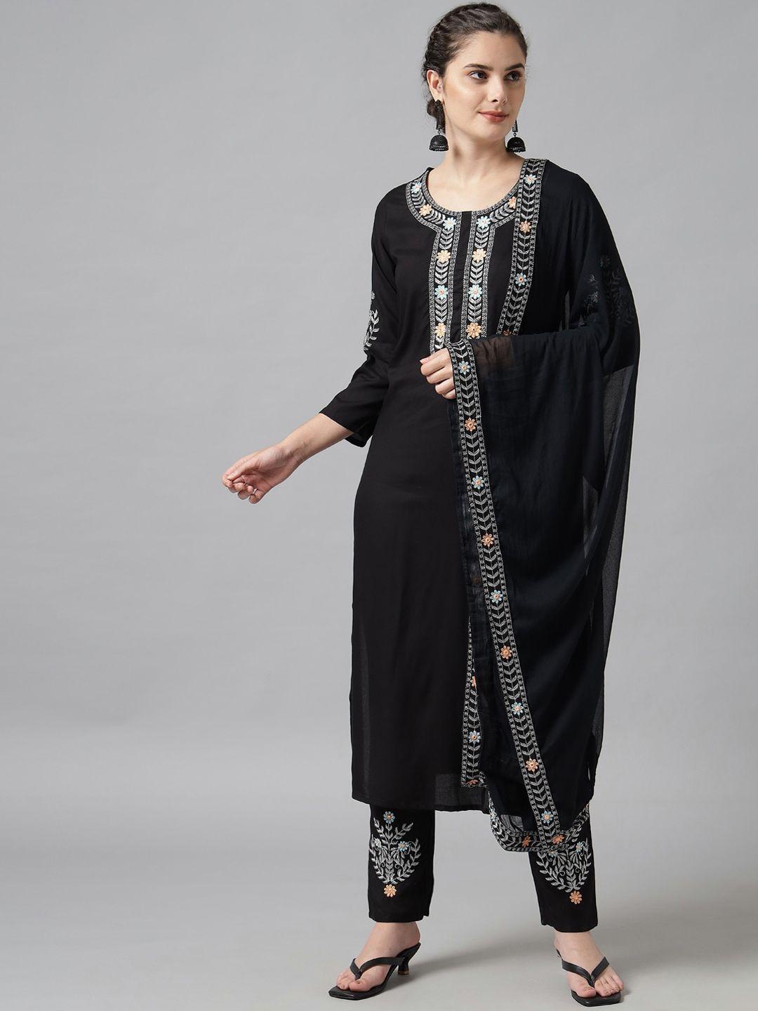 meeranshi women black floral embroidered mukaish pure cotton kurta with trousers & with dupatta