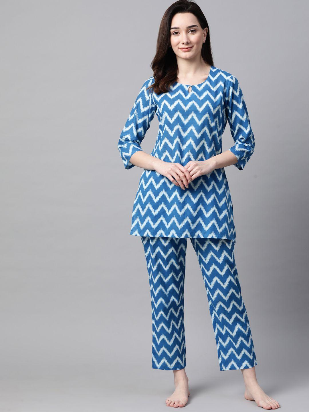 meeranshi women blue pure cotton printed nightsuit