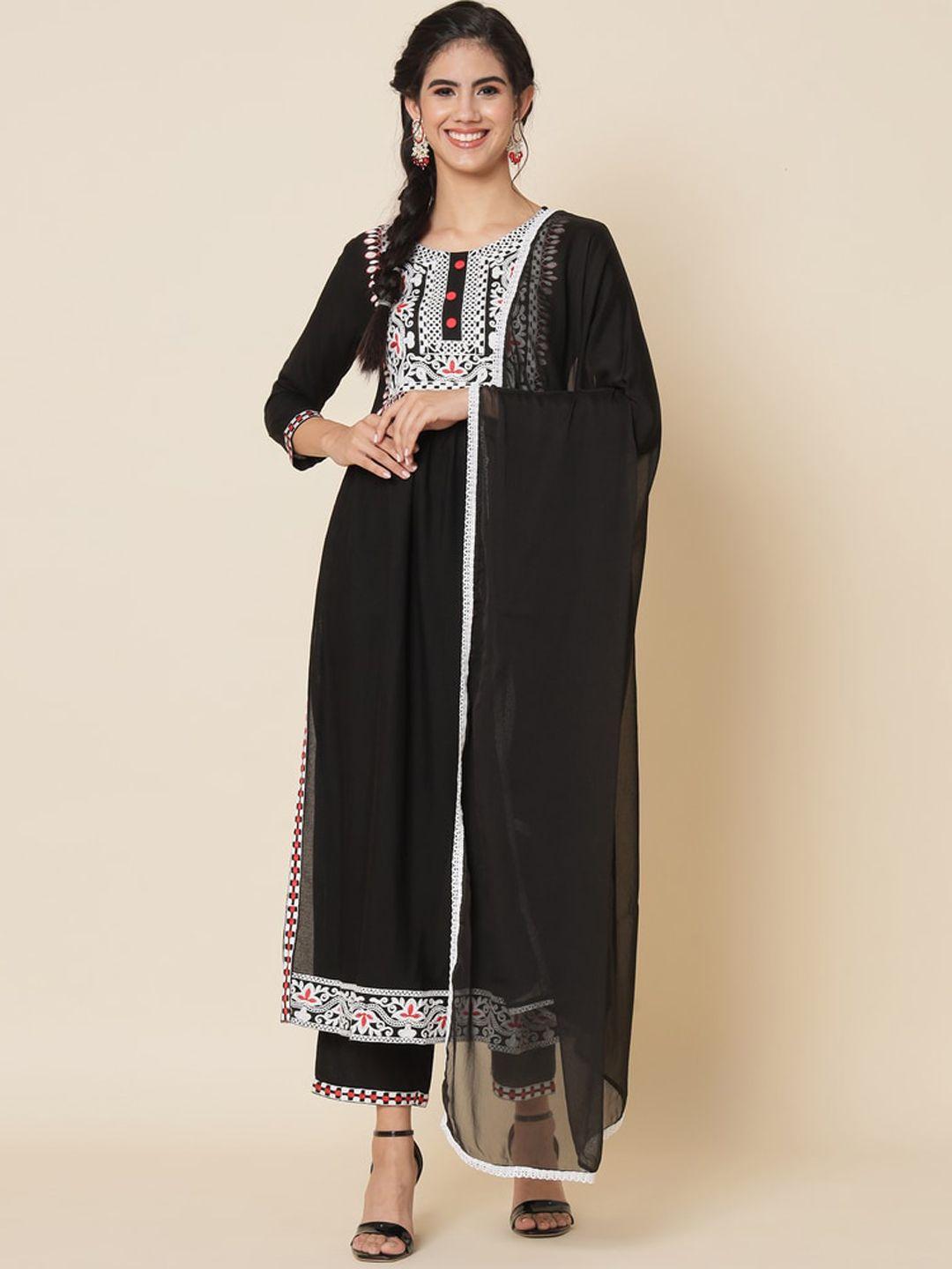 meeranshi women floral yoke design thread work kurta with trousers & with dupatta