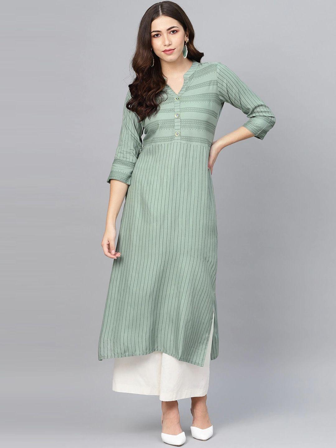 meeranshi women green & white striped kurta with palazzos