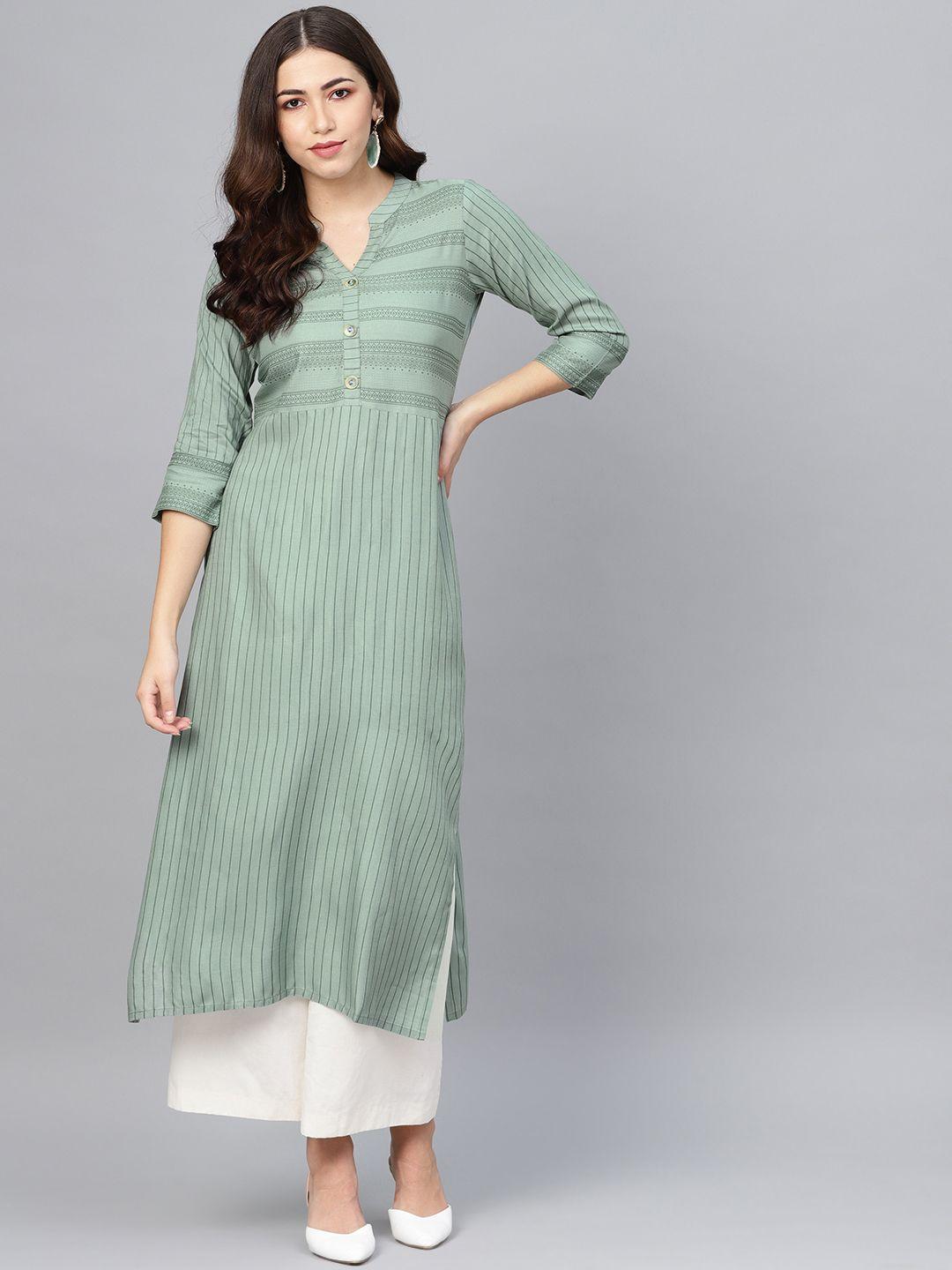 meeranshi women green striped straight kurta