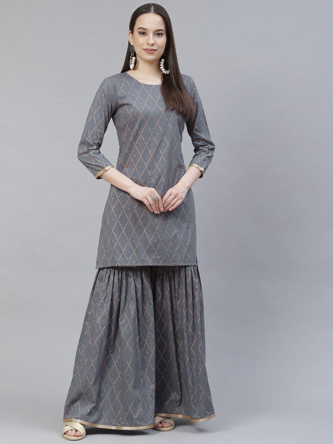 meeranshi women grey printed regular gotta patti kurti with sharara