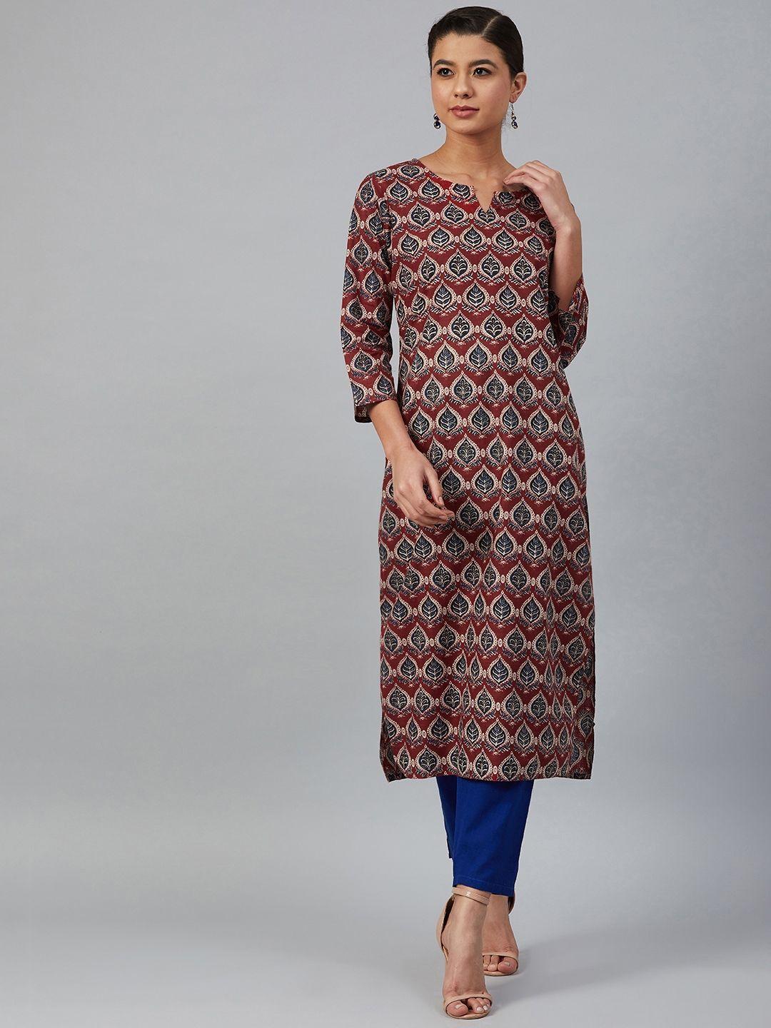meeranshi women maroon & navy blue printed straight kurta