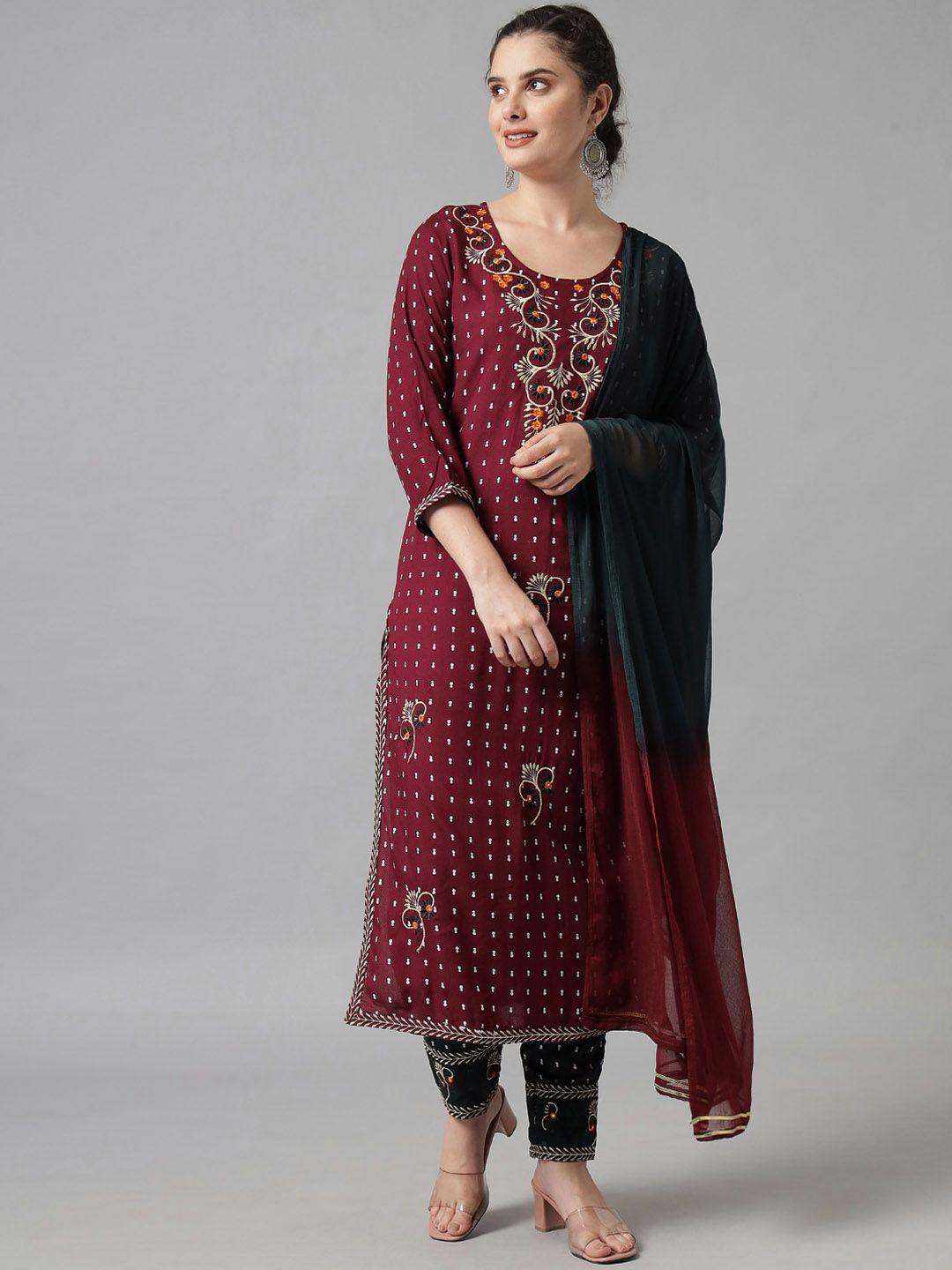 meeranshi women maroon ethnic motifs empire pure cotton kurta with churidar & dupatta