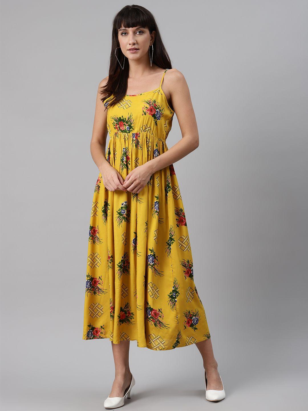 meeranshi women mustard yellow & green liva floral print maxi dress