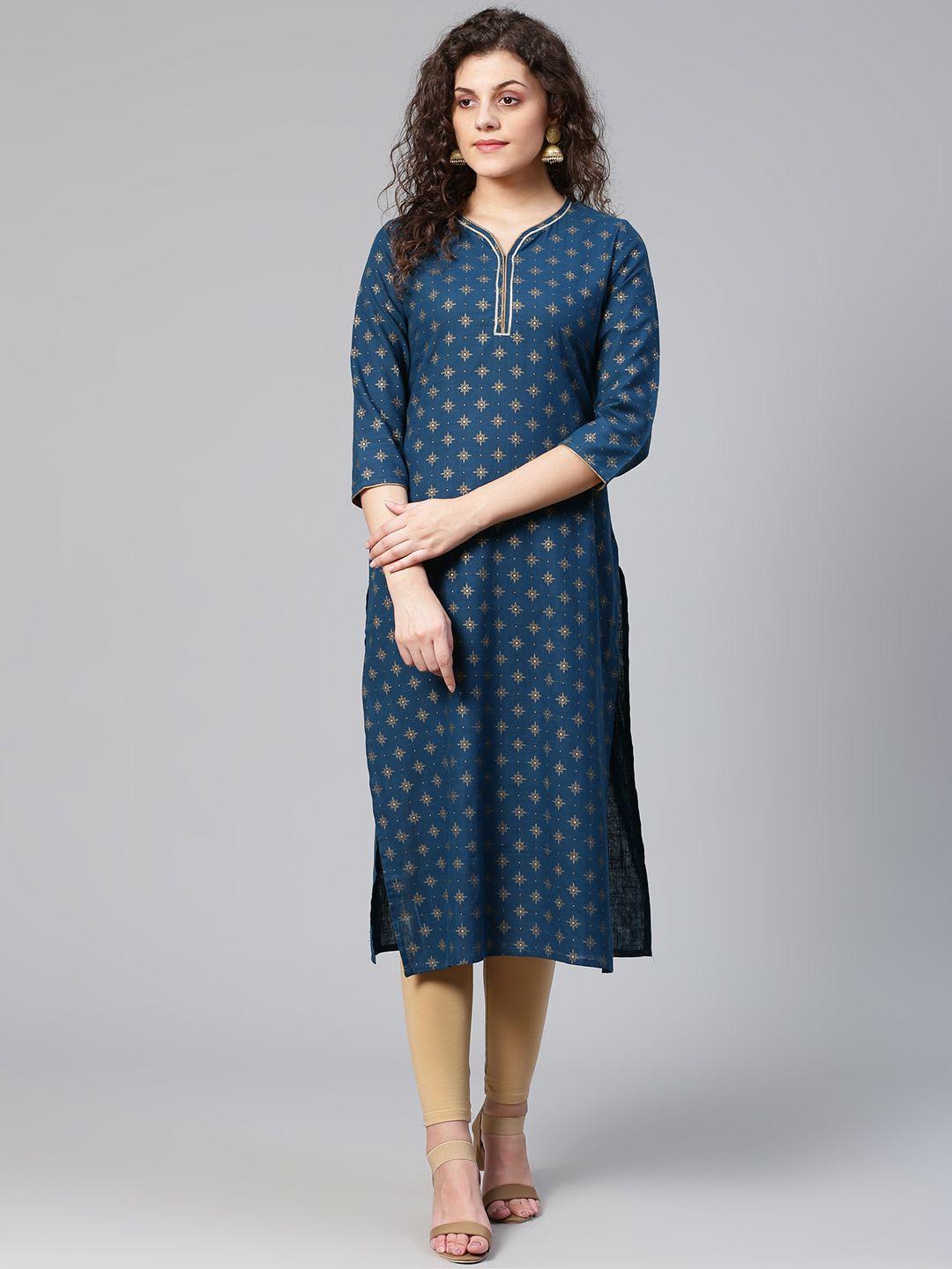 meeranshi women navy blue & golden printed straight kurta