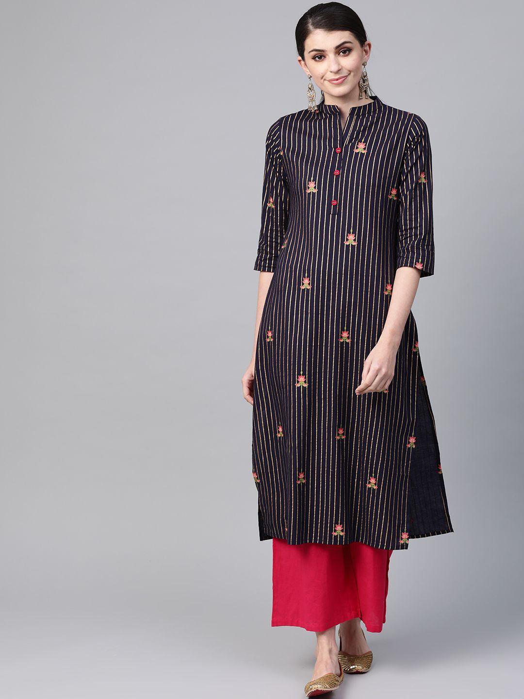 meeranshi women navy blue & golden striped straight kurta