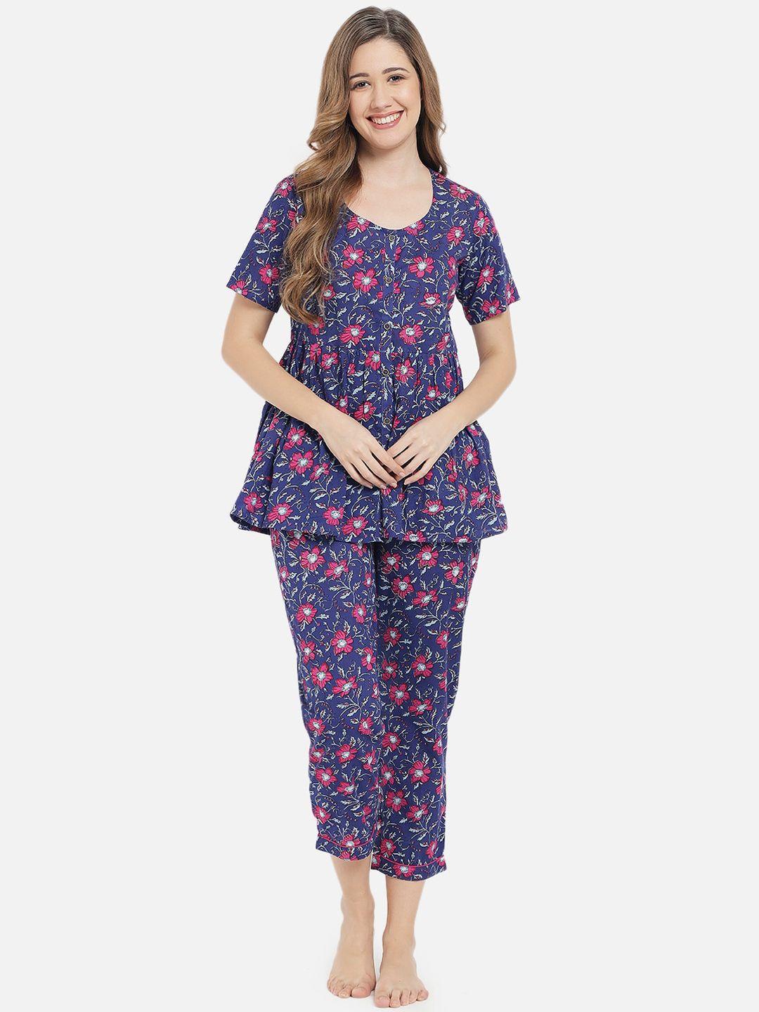 meeranshi women navy blue & pink pure cotton printed night suit