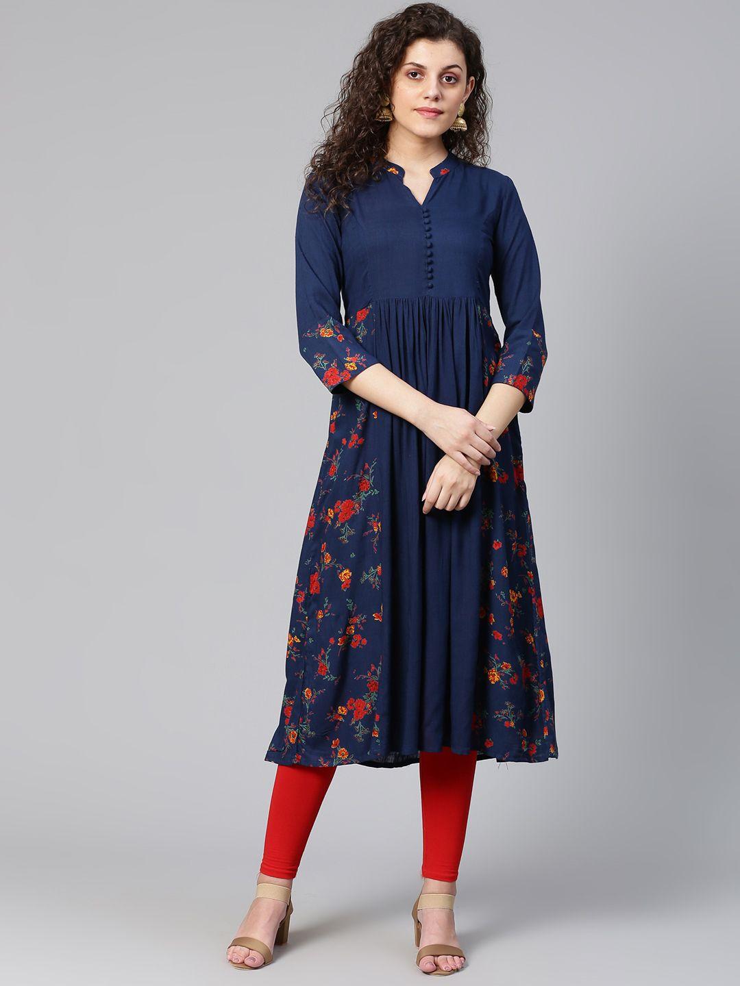 meeranshi women navy blue & red floral print detail a-line kurta