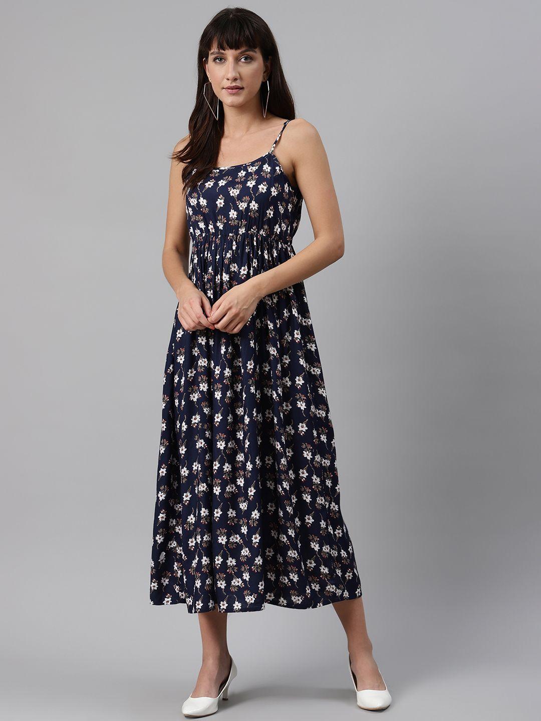 meeranshi women navy blue & white floral printed maxi dress