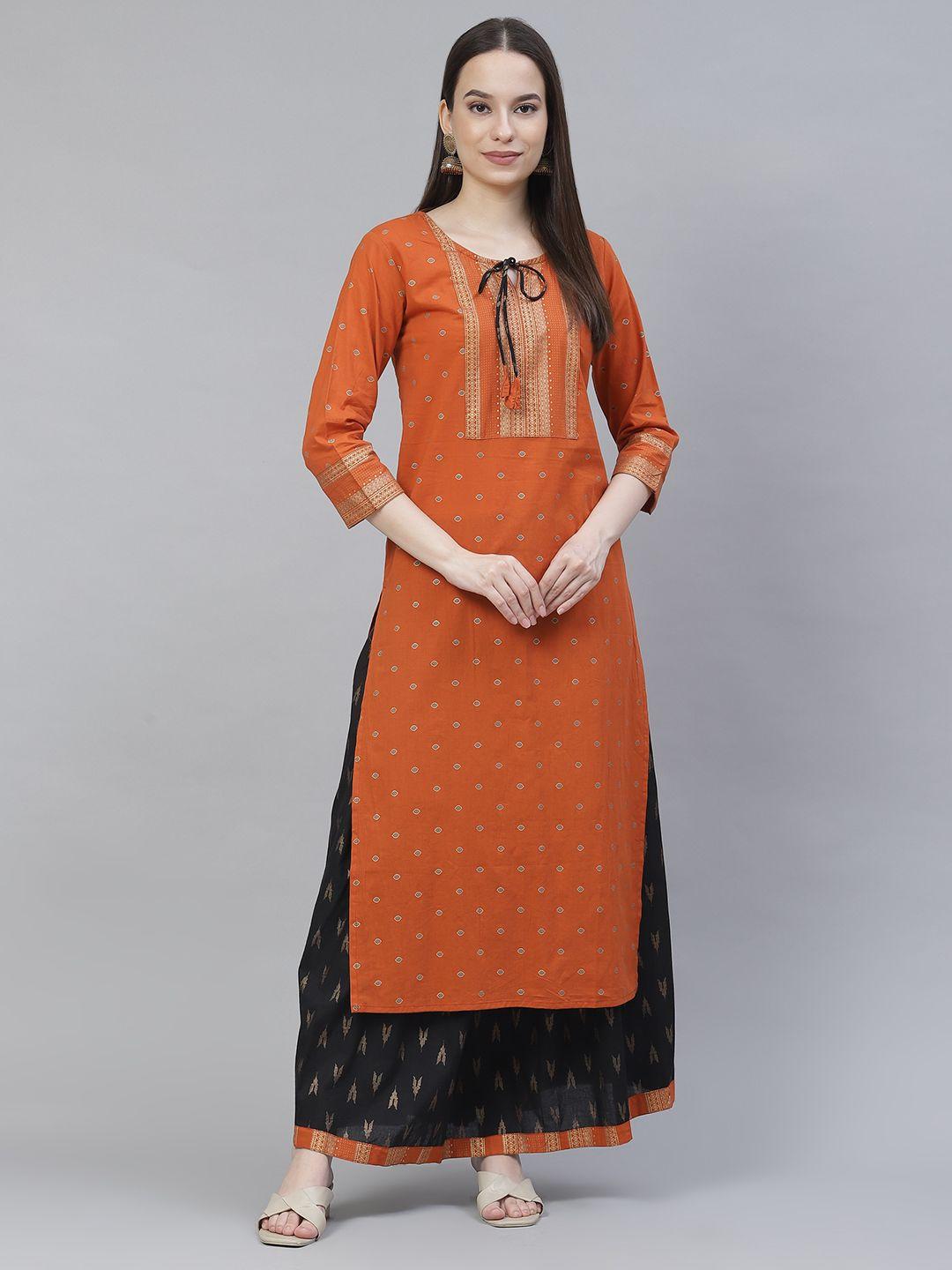 meeranshi women orange ethnic motifs printed regular kurta with skirt