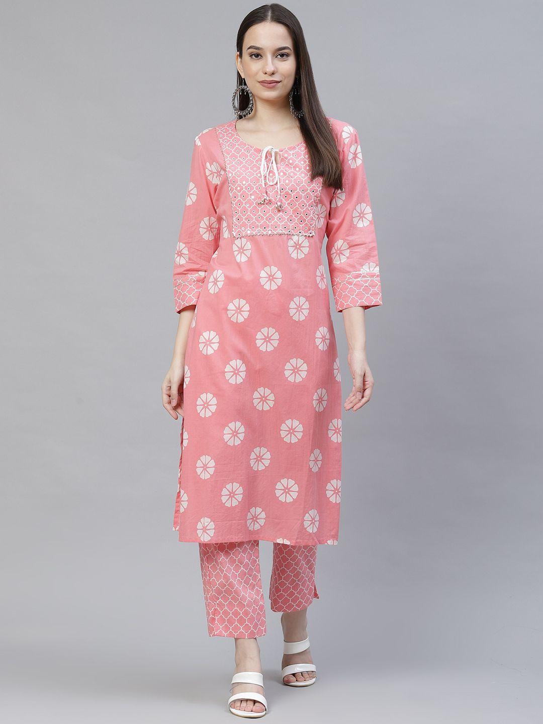 meeranshi women pink floral printed regular gotta patti kurta with trousers