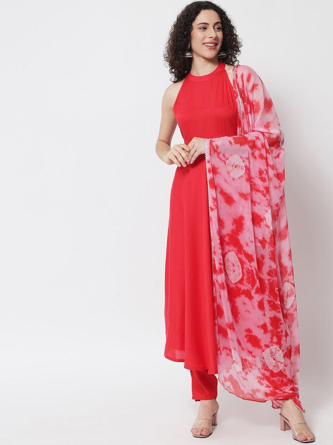 meeranshi women red empire gotta patti kurta with trousers